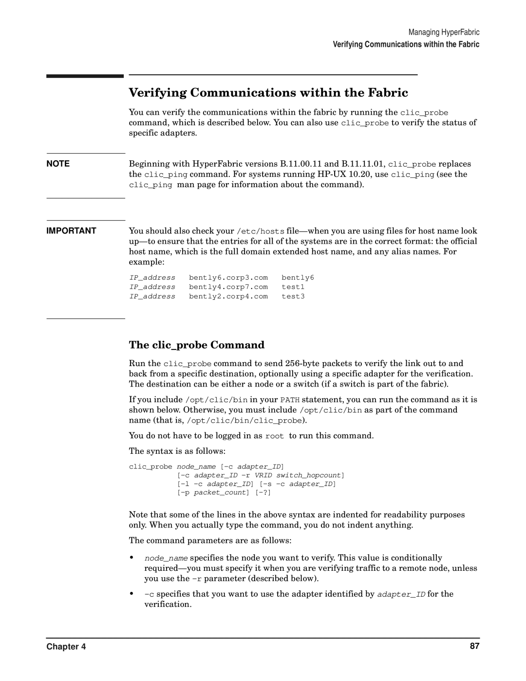 HP HyperFabric manual Verifying Communications within the Fabric, Clicprobe Command 