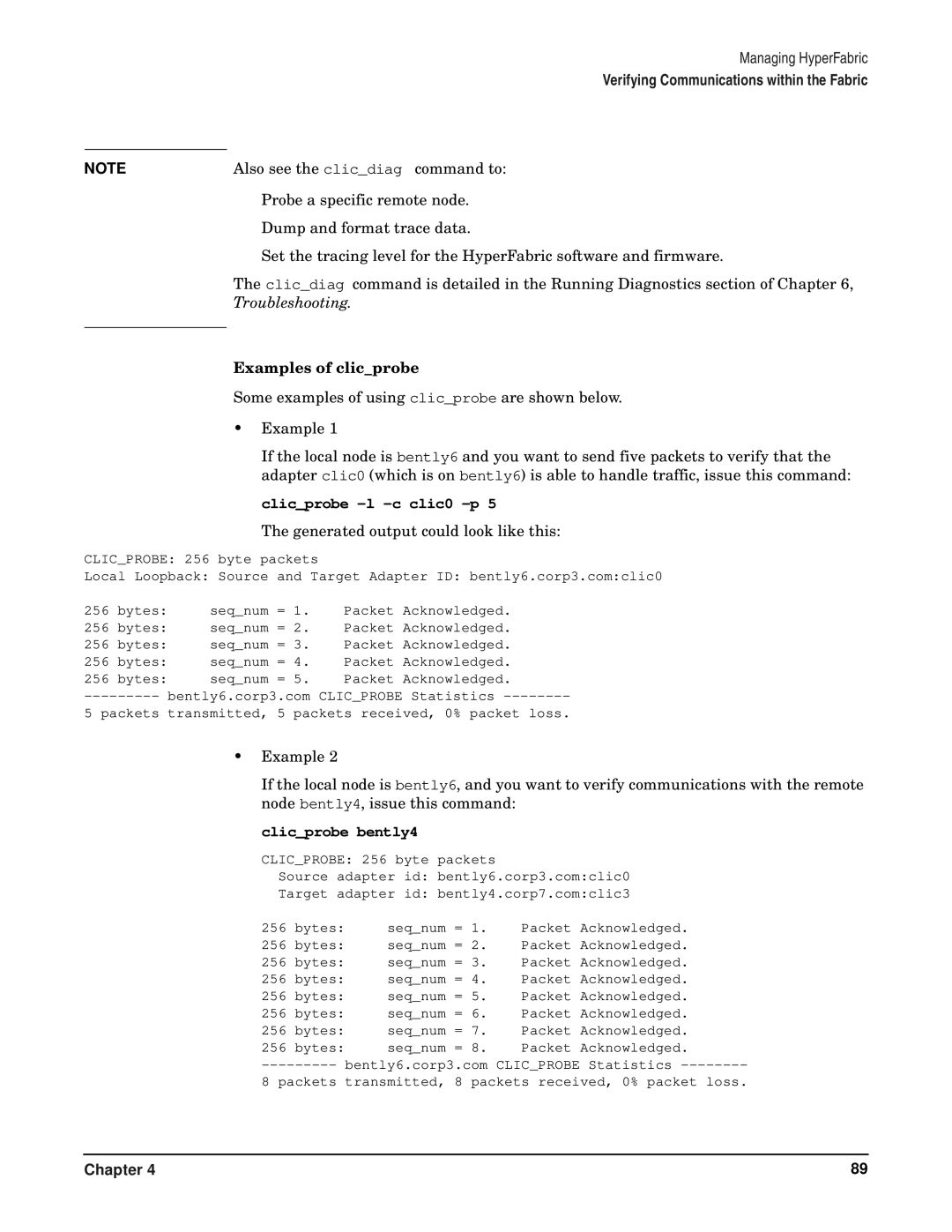 HP HyperFabric manual Examples of clicprobe, Clicprobe -l -c clic0 -p 