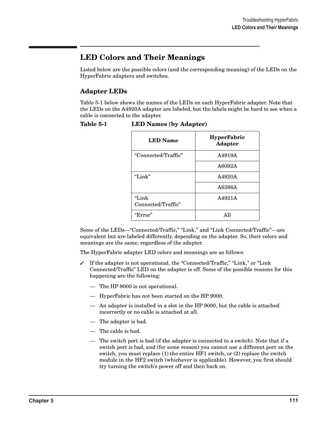 HP manual LED Colors and Their Meanings, Adapter LEDs, LED Name HyperFabric Adapter 