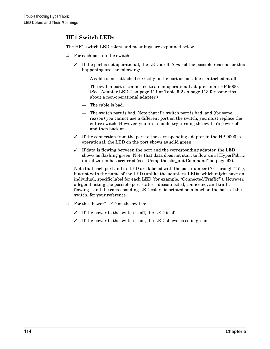 HP HyperFabric manual HF1 Switch LEDs 