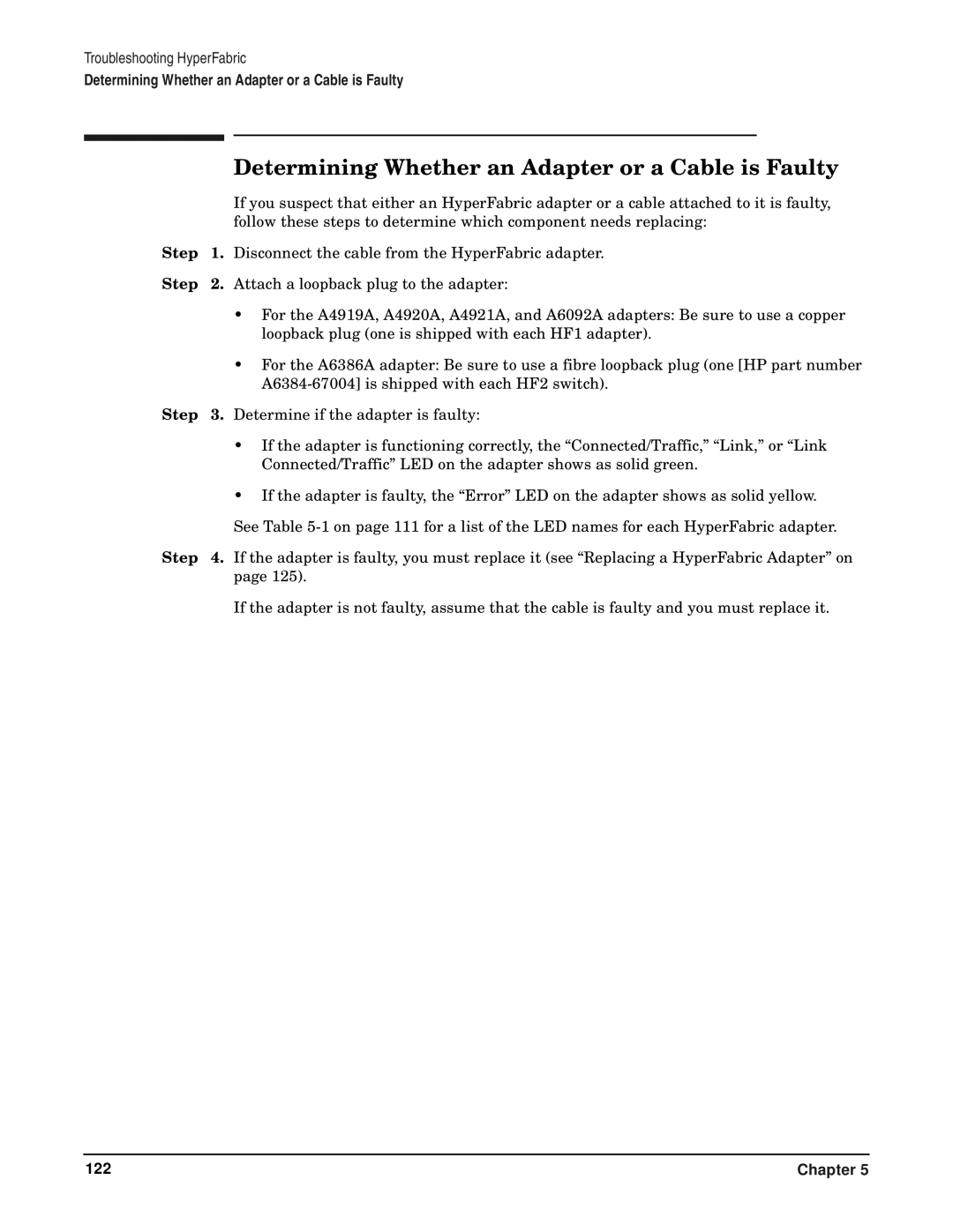 HP HyperFabric manual Determining Whether an Adapter or a Cable is Faulty, Step 