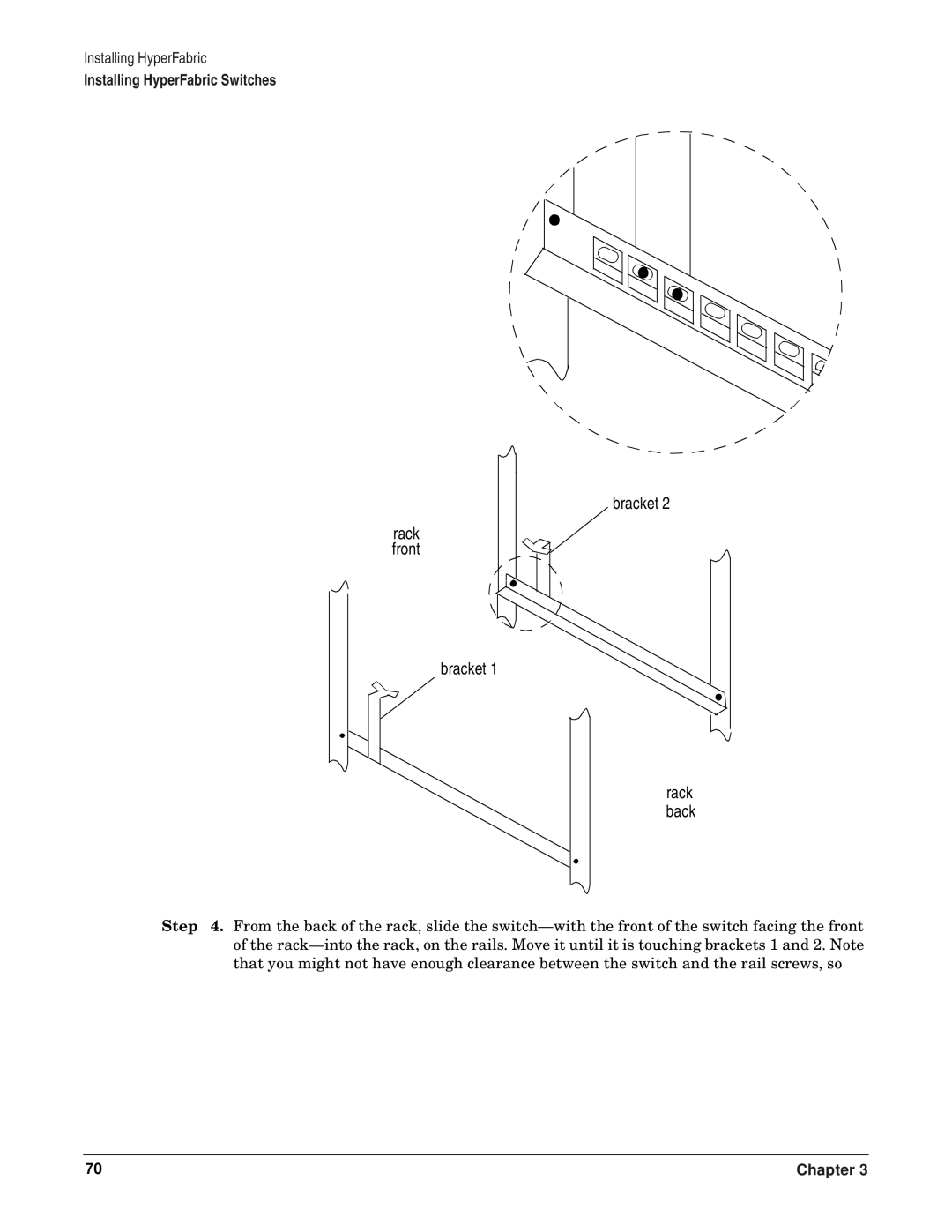 HP HyperFabric manual Rack front Bracket Rack back 