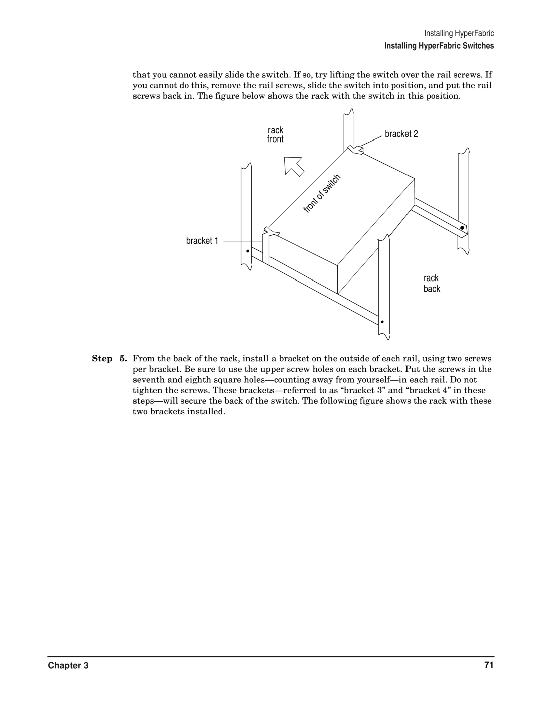 HP HyperFabric manual Bracket Rack front Rack back 