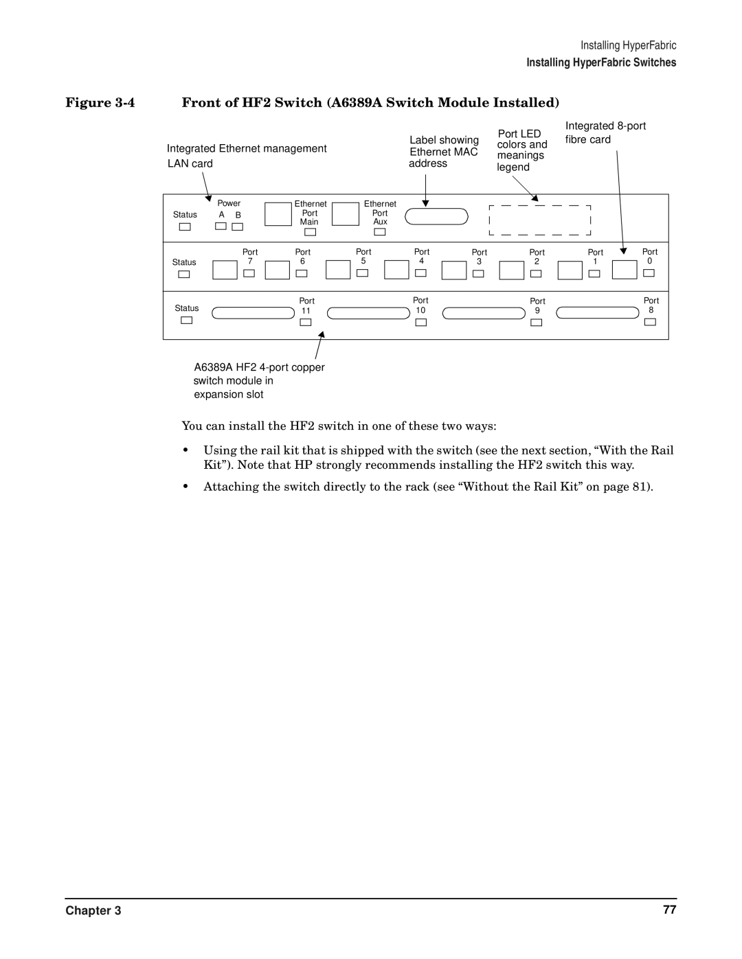 HP HyperFabric manual Front of HF2 Switch A6389A Switch Module Installed 