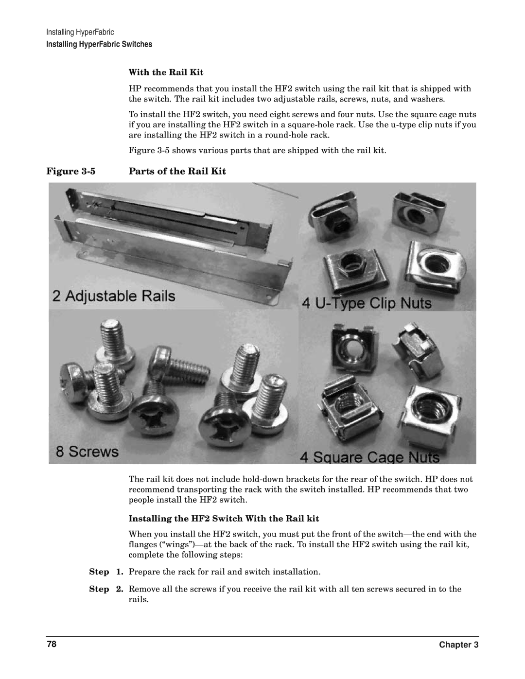 HP HyperFabric manual With the Rail Kit, Installing the HF2 Switch With the Rail kit 