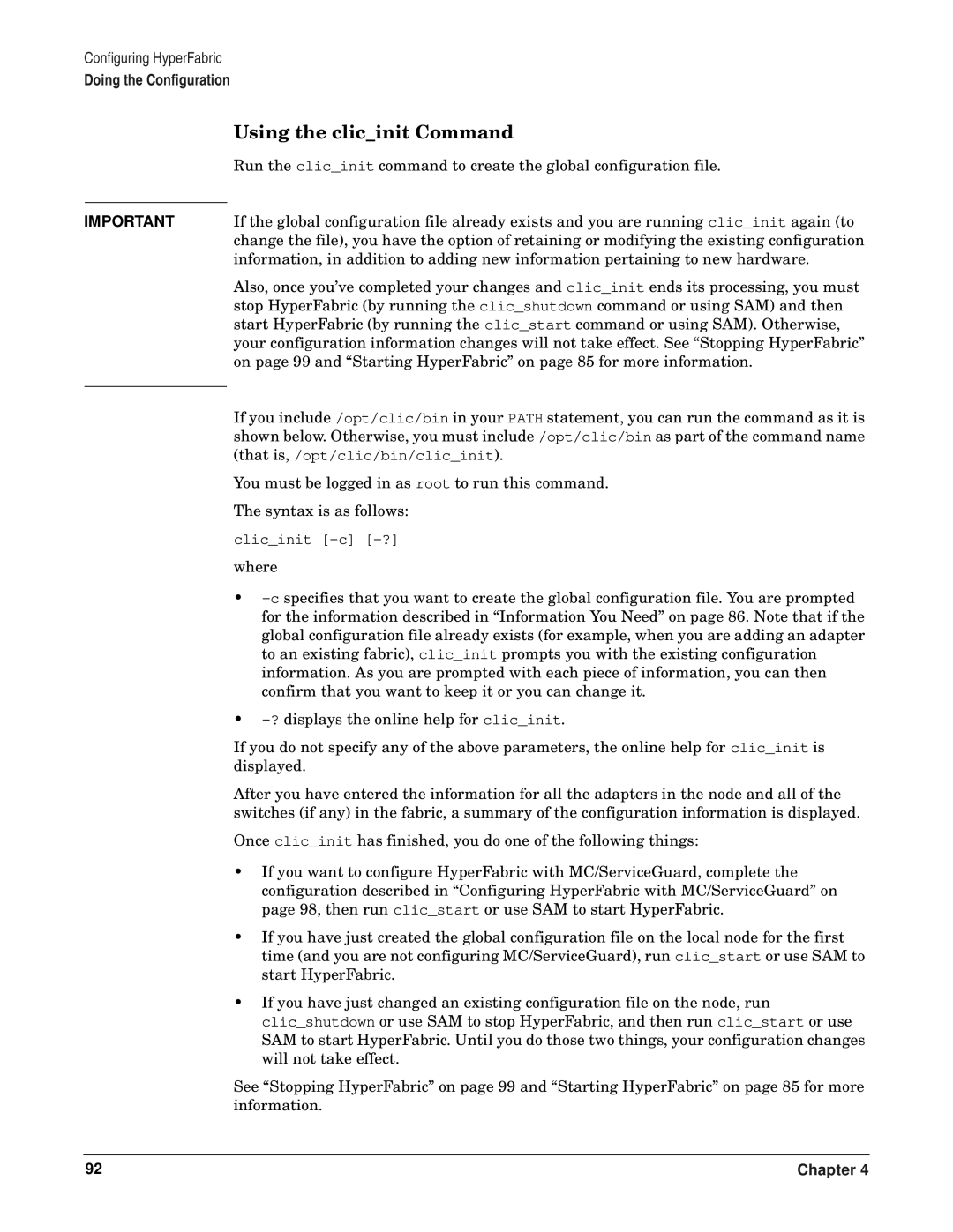 HP HyperFabric manual Using the clicinit Command 