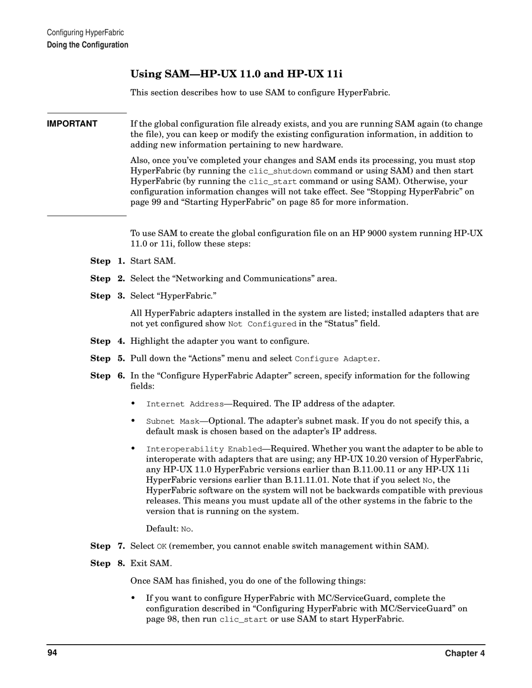 HP HyperFabric manual Using SAM-HP-UX 11.0 and HP-UX, Step 