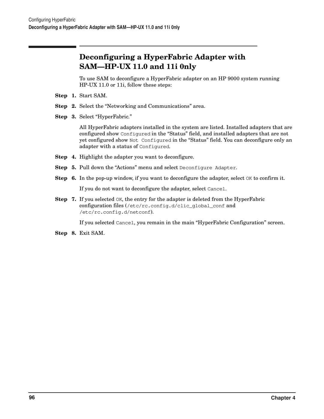 HP manual Deconfiguring a HyperFabric Adapter with, SAM-HP-UX 11.0 and 11i 0nly 