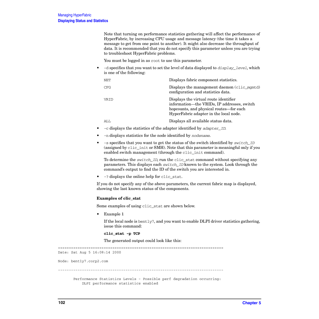 HP HyperFabric manual Examples of clicstat, Clicstat -p TCP 