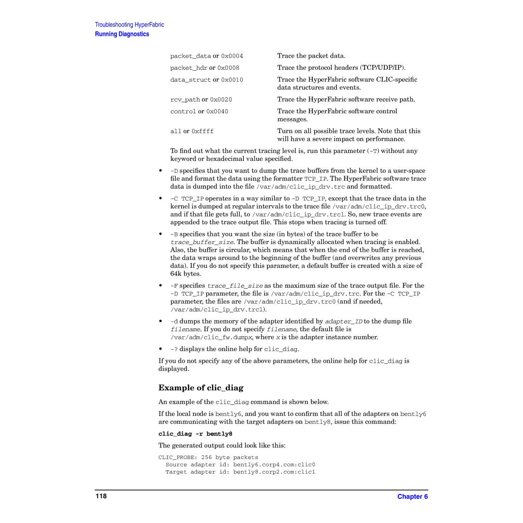 HP HyperFabric manual Example of clicdiag, Clicdiag -r bently8 