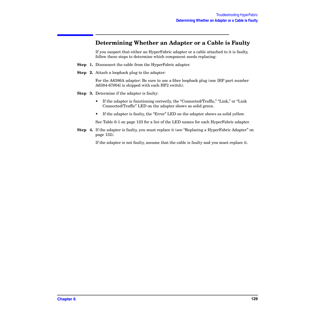 HP HyperFabric manual Determining Whether an Adapter or a Cable is Faulty, Step 