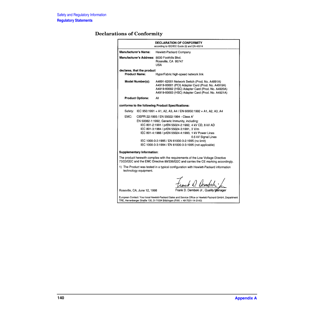 HP HyperFabric manual Declarations of Conformity 