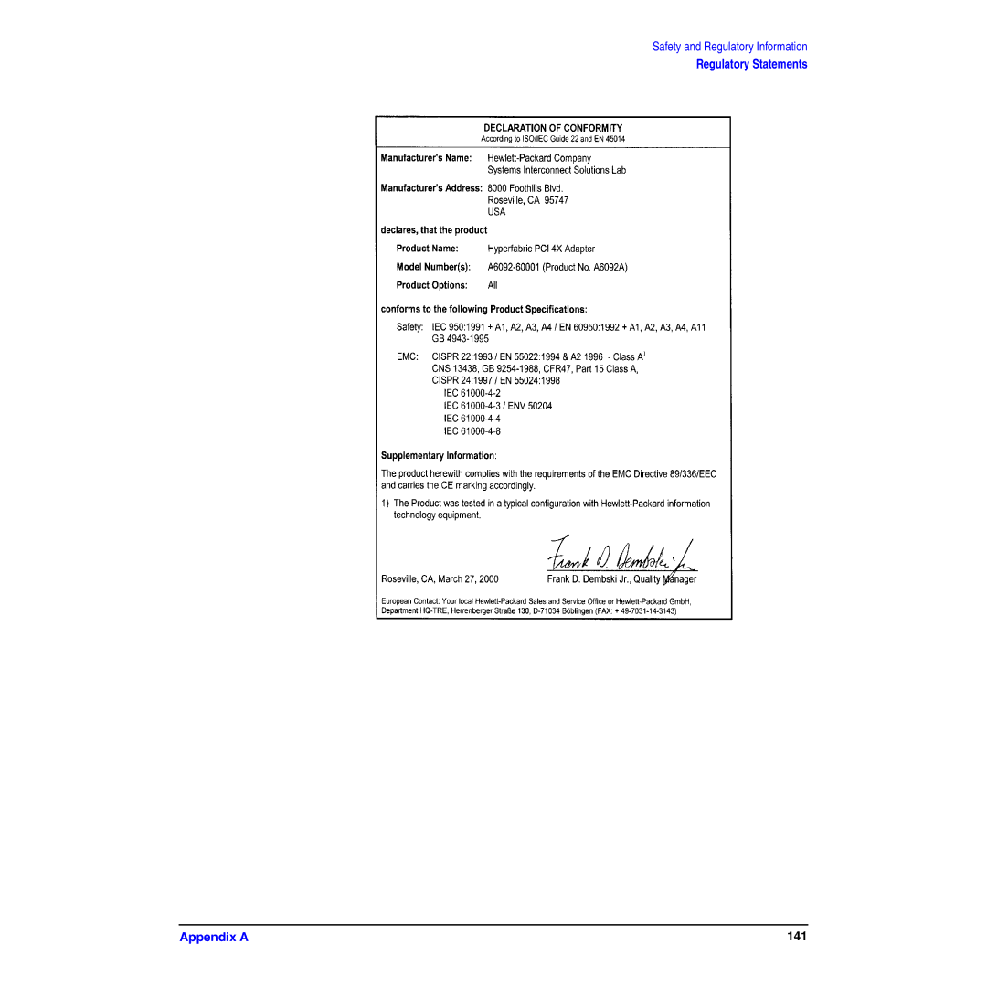 HP HyperFabric manual Regulatory Statements Appendix a 141 