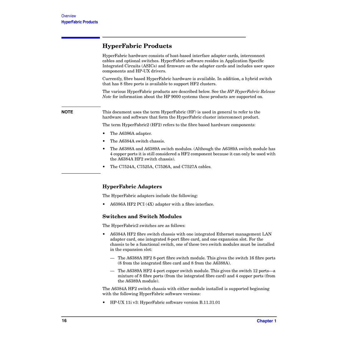 HP manual HyperFabric Products, HyperFabric Adapters, Switches and Switch Modules 