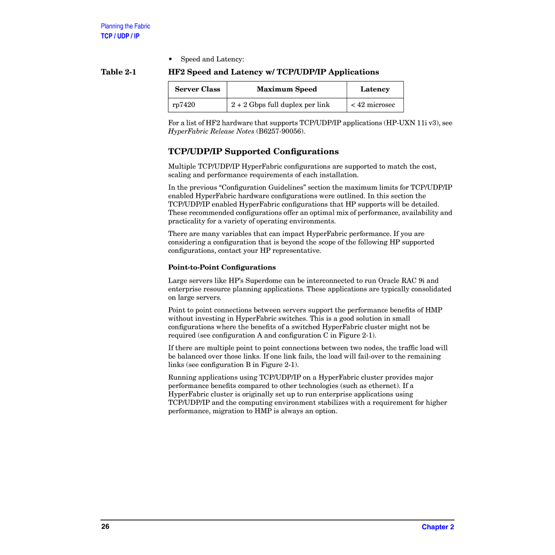 HP HyperFabric manual TCP/UDP/IP Supported Conﬁgurations, Speed and Latency, Server Class Maximum Speed Latency 