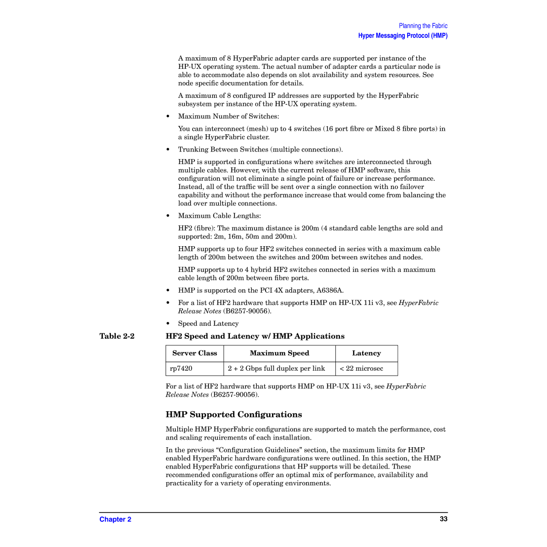 HP HyperFabric manual HMP Supported Conﬁgurations, HF2 Speed and Latency w/ HMP Applications 