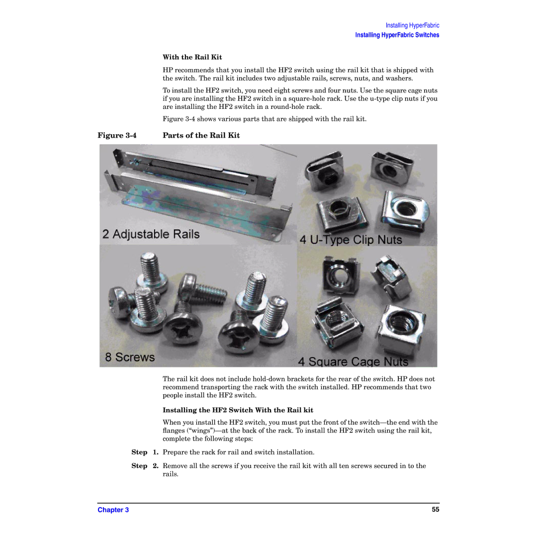 HP HyperFabric manual With the Rail Kit, Installing the HF2 Switch With the Rail kit 