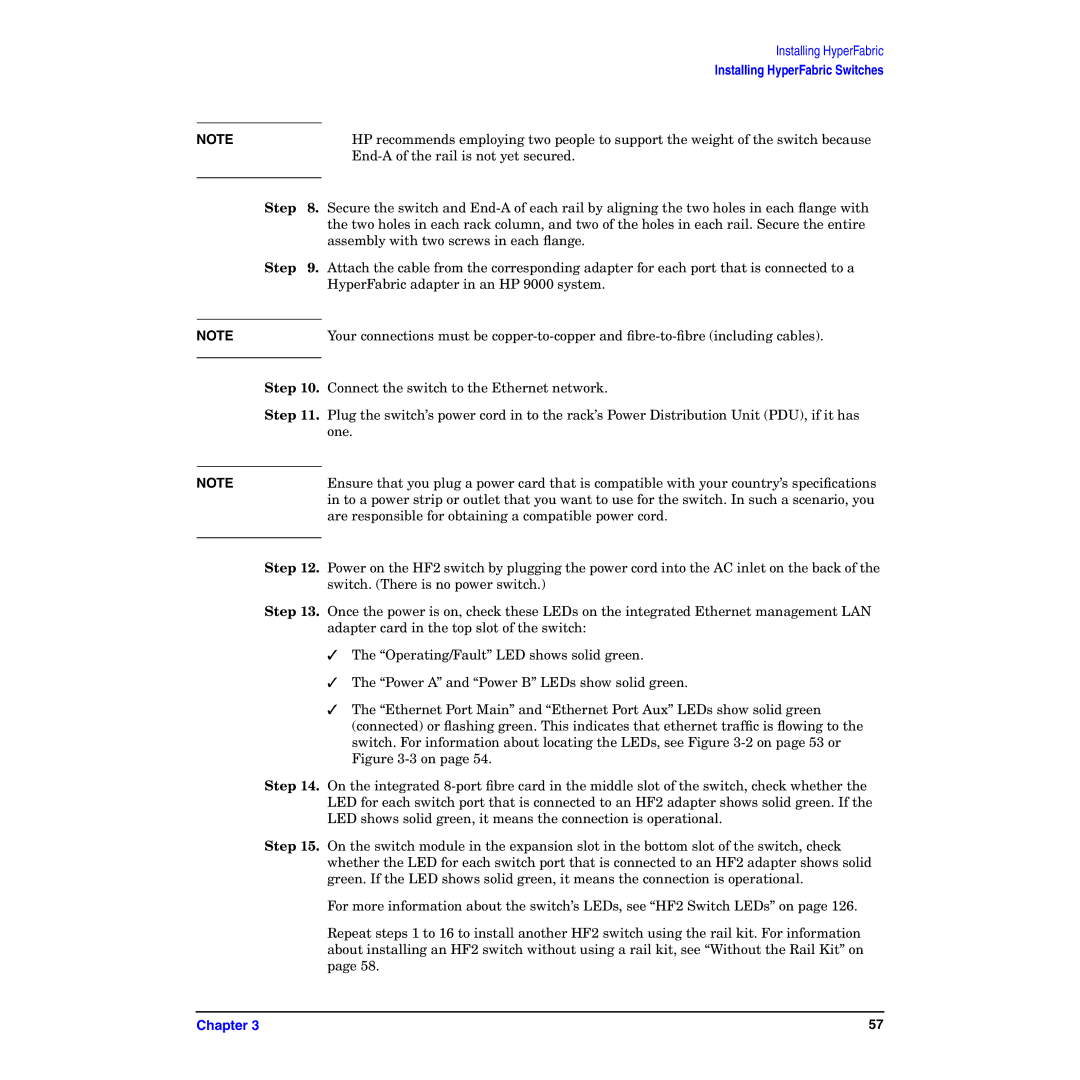 HP manual Installing HyperFabric Switches 