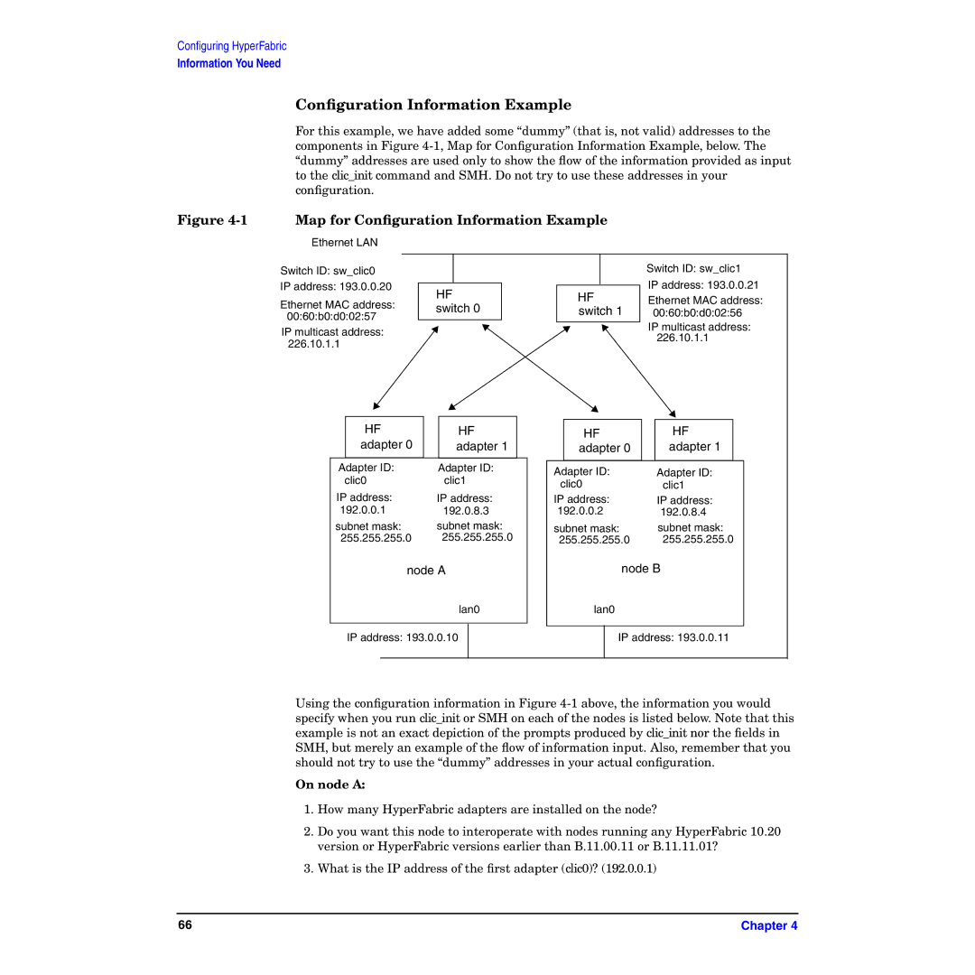 HP HyperFabric manual Conﬁguration Information Example, On node a 