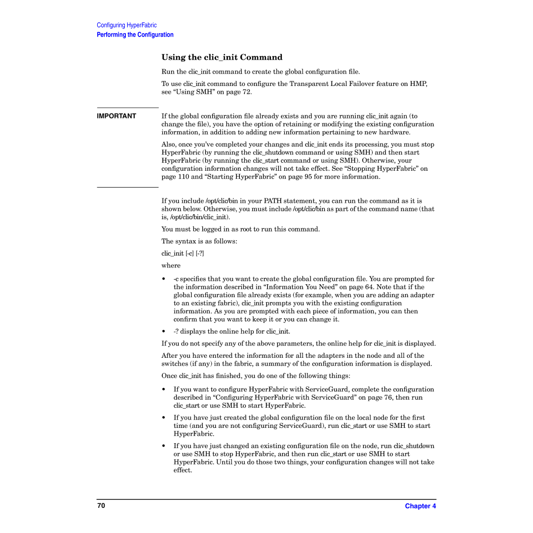 HP HyperFabric manual Using the clicinit Command 