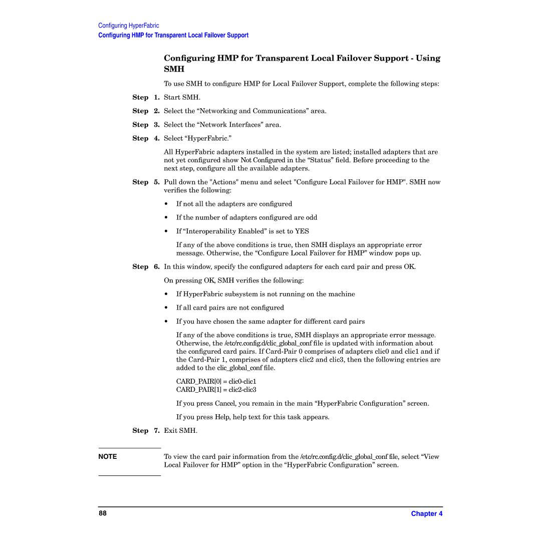 HP HyperFabric manual Conﬁguring HMP for Transparent Local Failover Support Using, Smh 