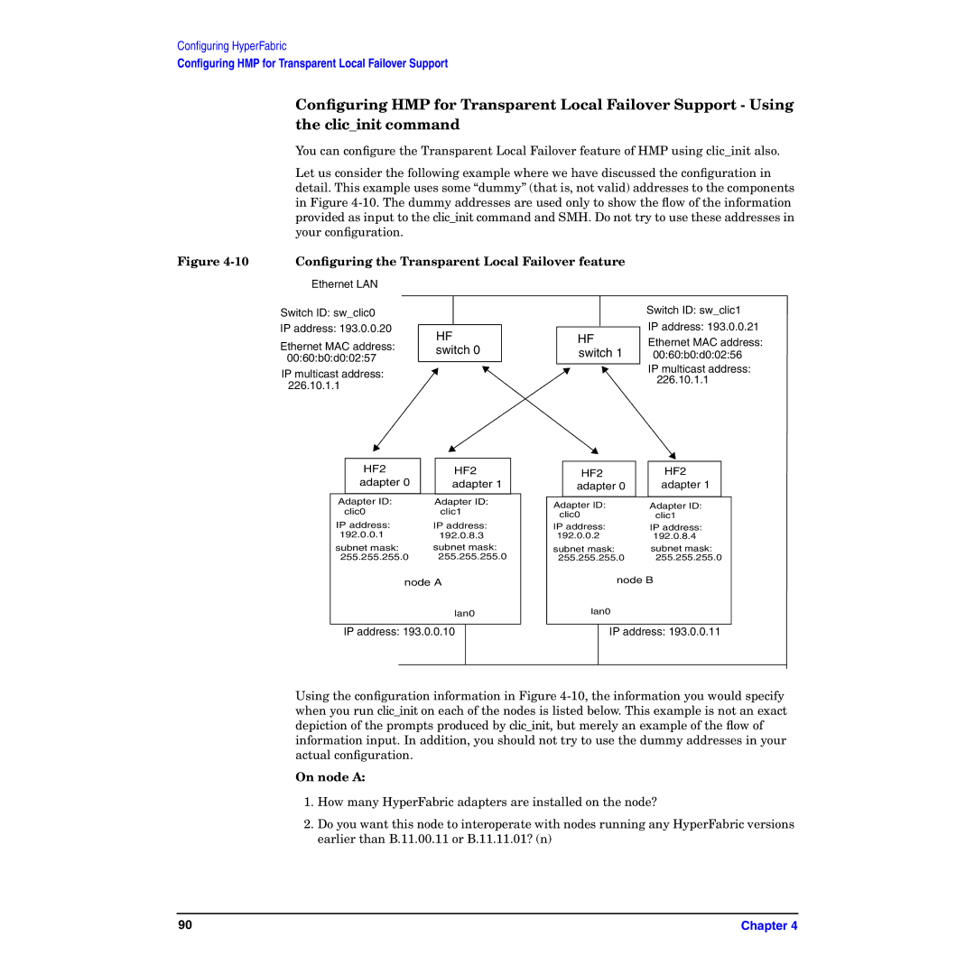 HP HyperFabric manual 10 Conﬁguring the Transparent Local Failover feature 