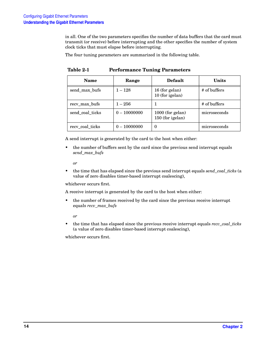 HP I 1000Base-T, HSC/I 1000Base-SX manual Performance Tuning Parameters, Name Range Default Units 