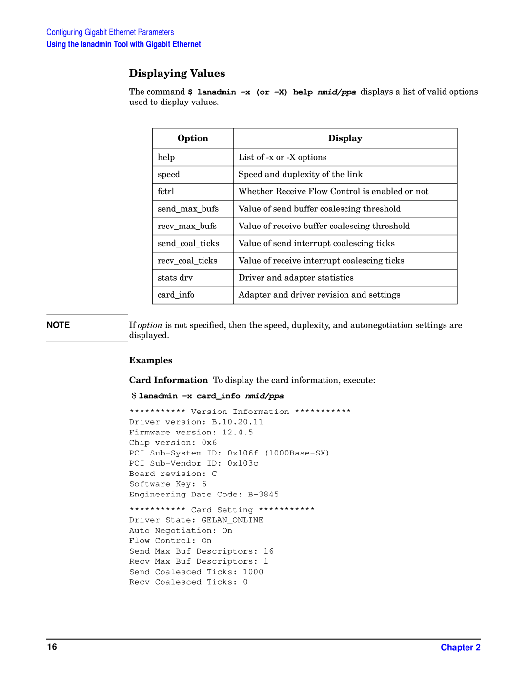 HP I 1000Base-T, HSC/I 1000Base-SX manual Displaying Values, Option Display, Examples 