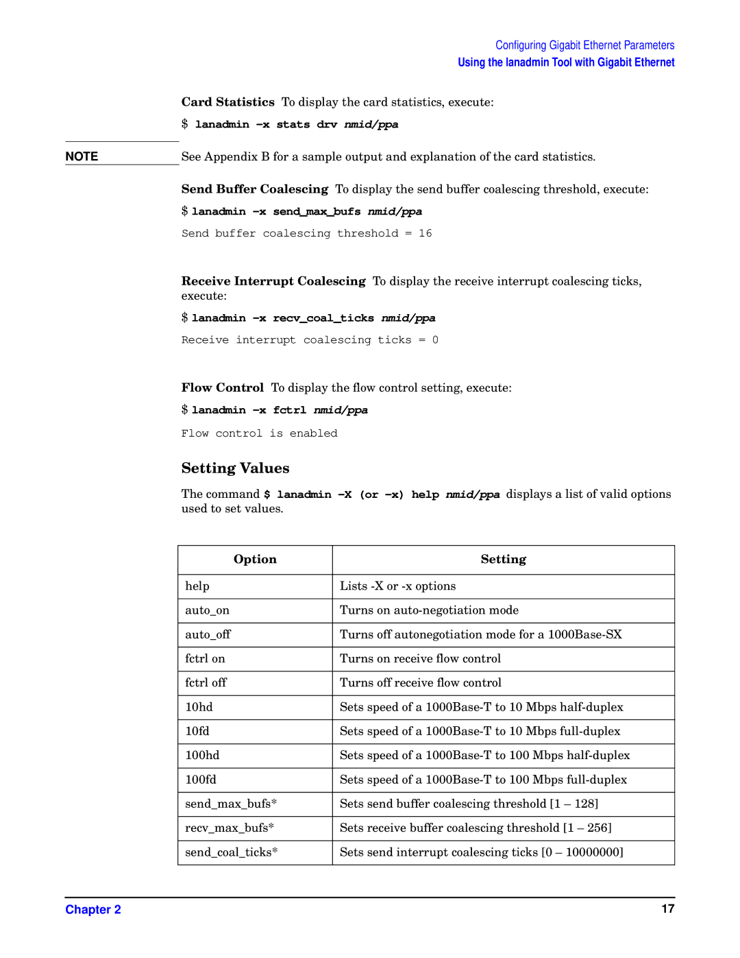 HP HSC/I 1000Base-SX, I 1000Base-T manual Setting Values, Option Setting 