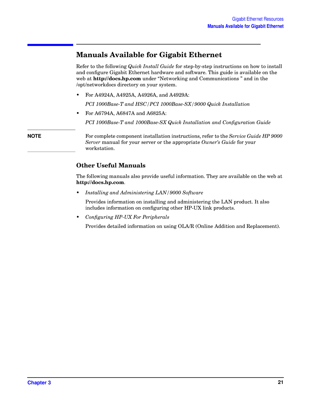 HP HSC/I 1000Base-SX, I 1000Base-T manual Manuals Available for Gigabit Ethernet, Other Useful Manuals 