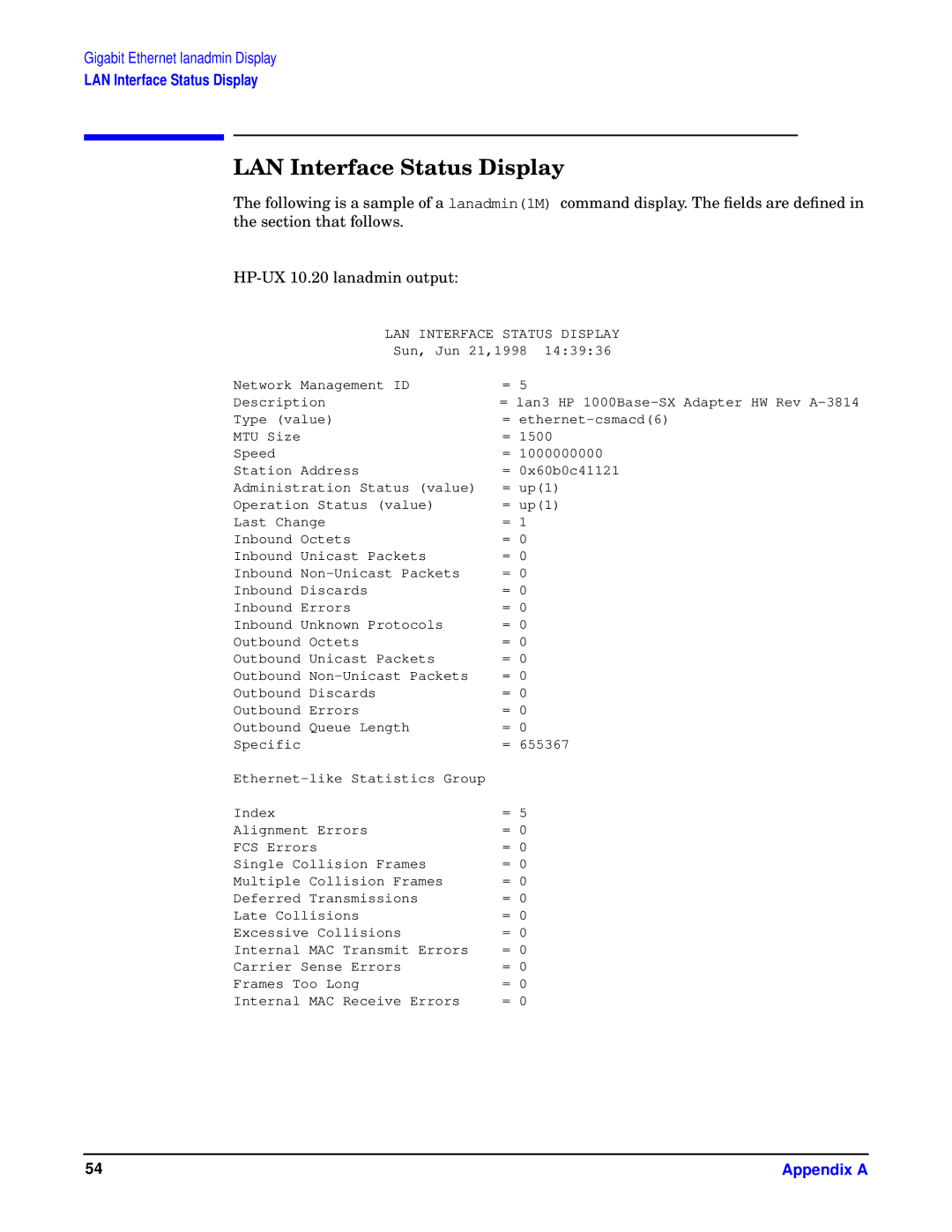 HP I 1000Base-T, HSC/I 1000Base-SX manual LAN Interface Status Display 