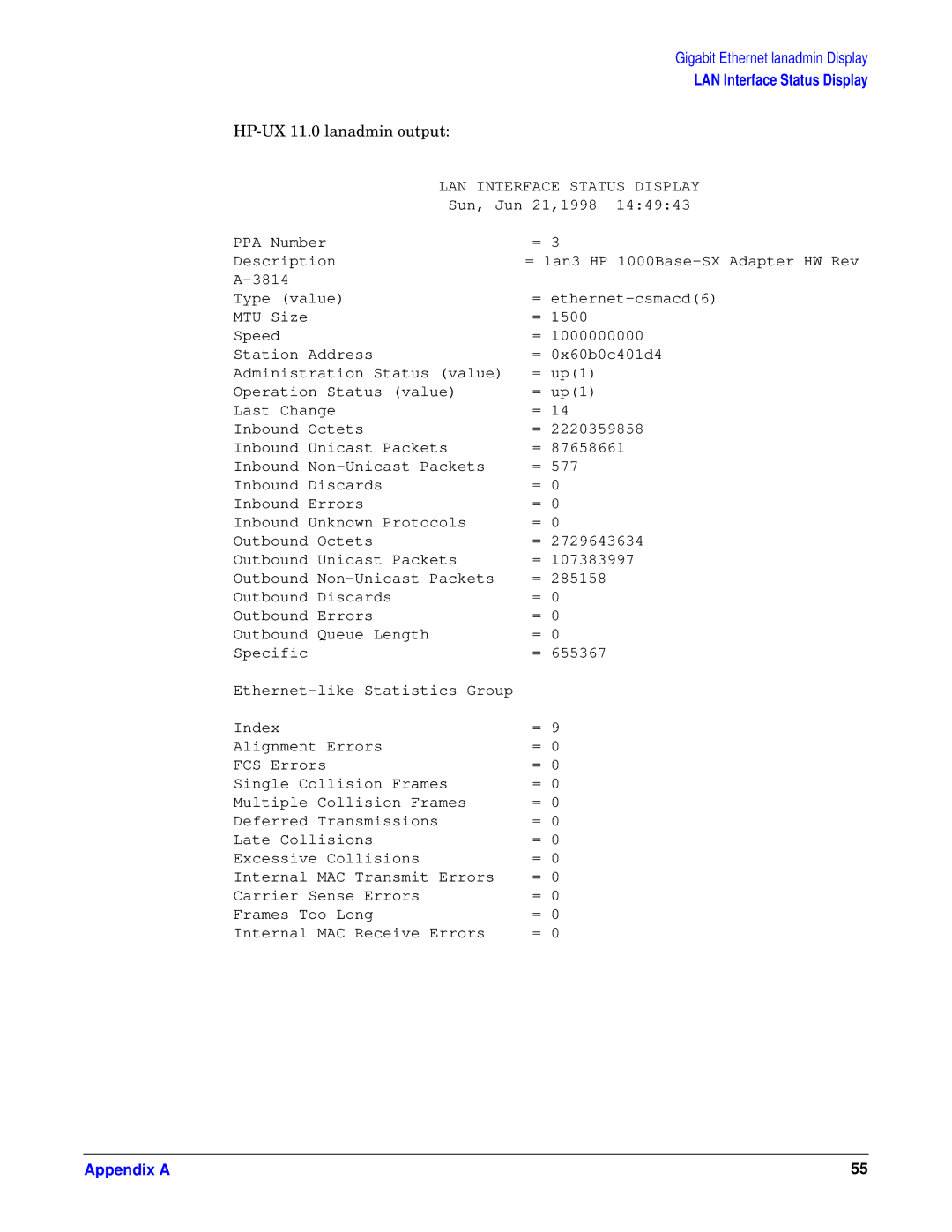 HP HSC/I 1000Base-SX, I 1000Base-T manual HP-UX 11.0 lanadmin output 