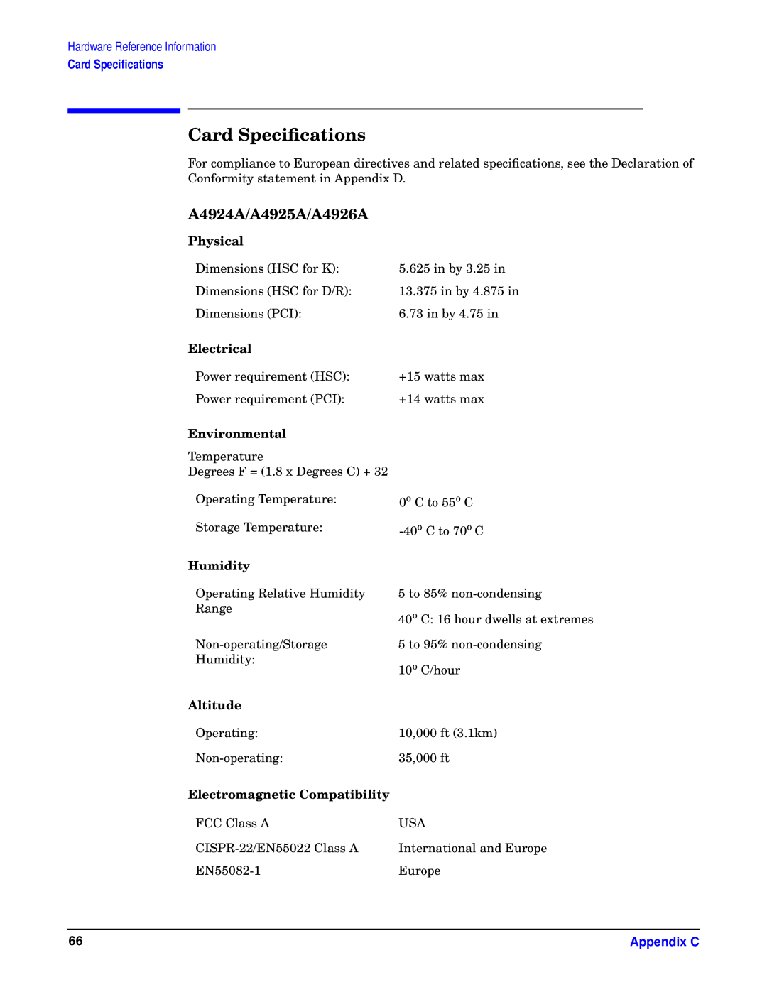 HP I 1000Base-T, HSC/I 1000Base-SX manual Card Speciﬁcations, A4924A/A4925A/A4926A 