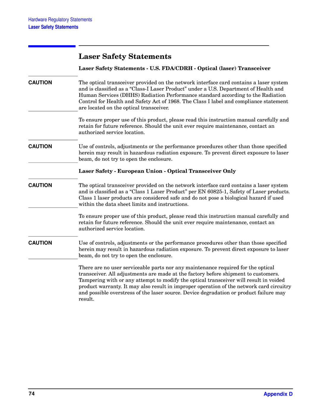 HP I 1000Base-T, HSC/I 1000Base-SX manual Laser Safety Statements, Laser Safety European Union Optical Transceiver Only 