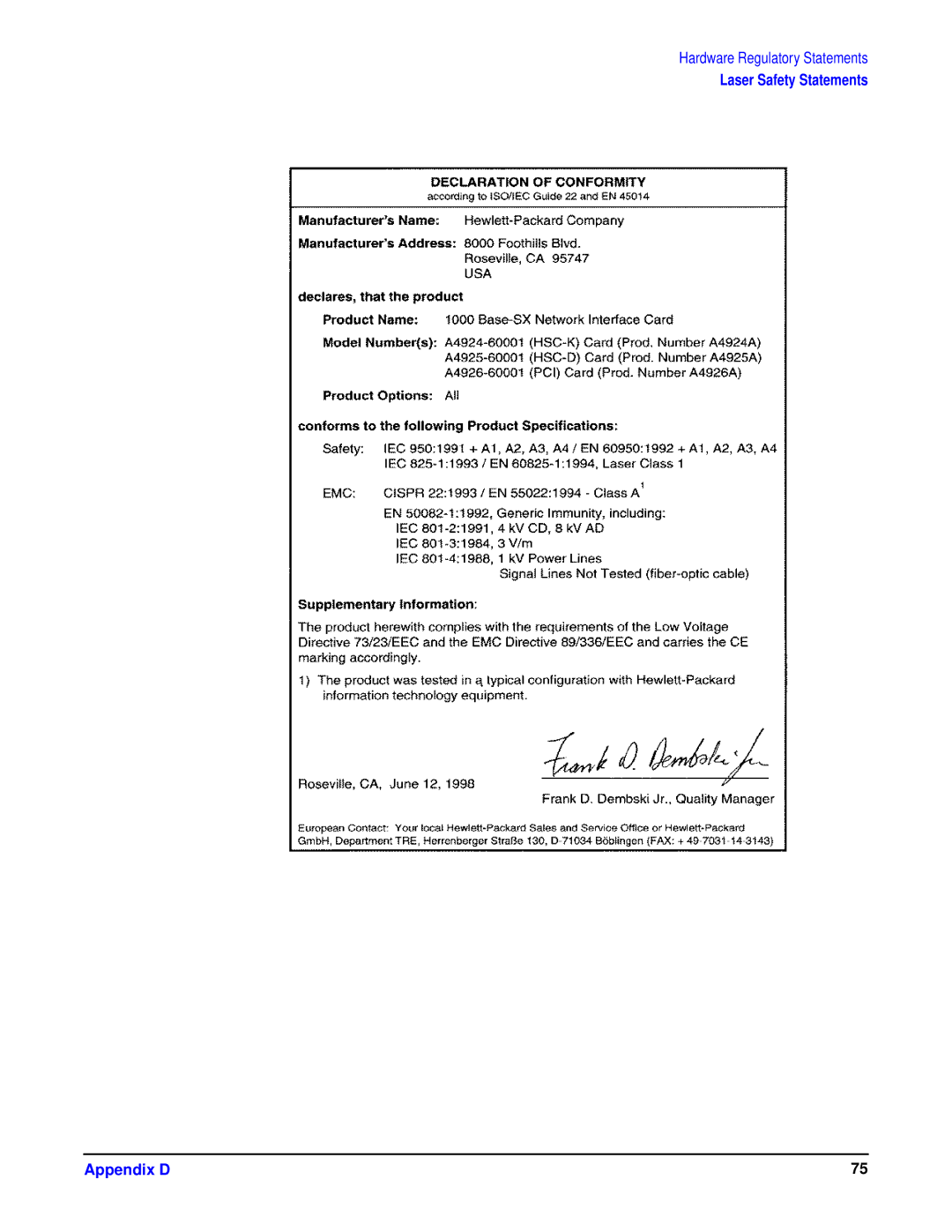 HP HSC/I 1000Base-SX, I 1000Base-T manual Laser Safety Statements Appendix D 