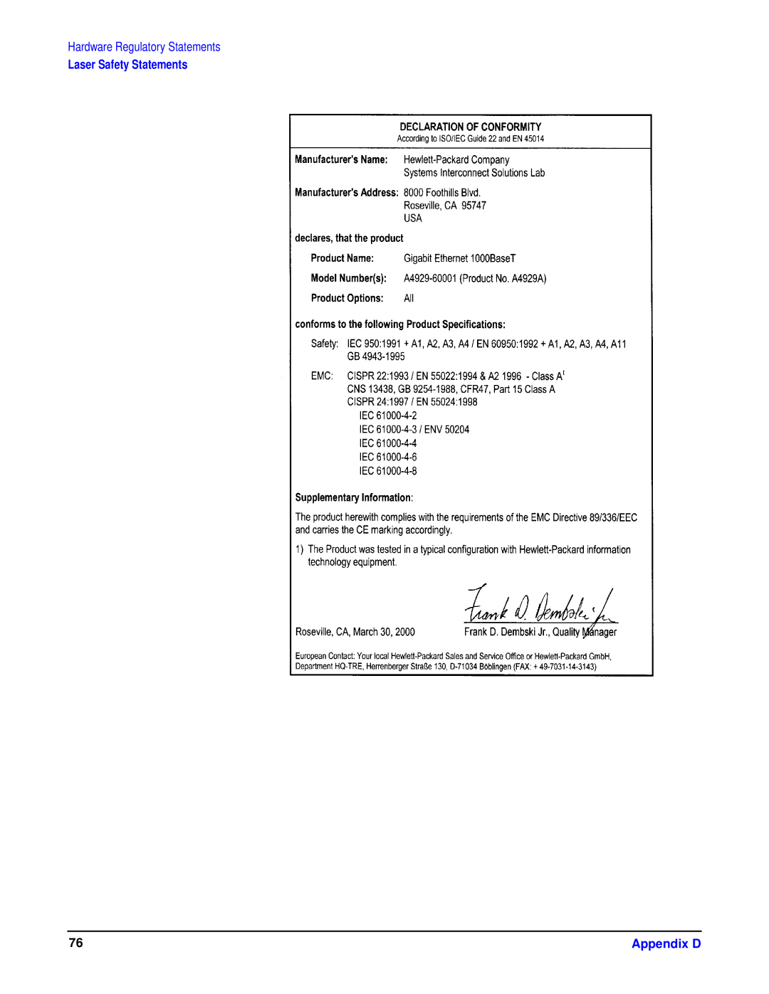 HP I 1000Base-T, HSC/I 1000Base-SX manual Laser Safety Statements Appendix D 