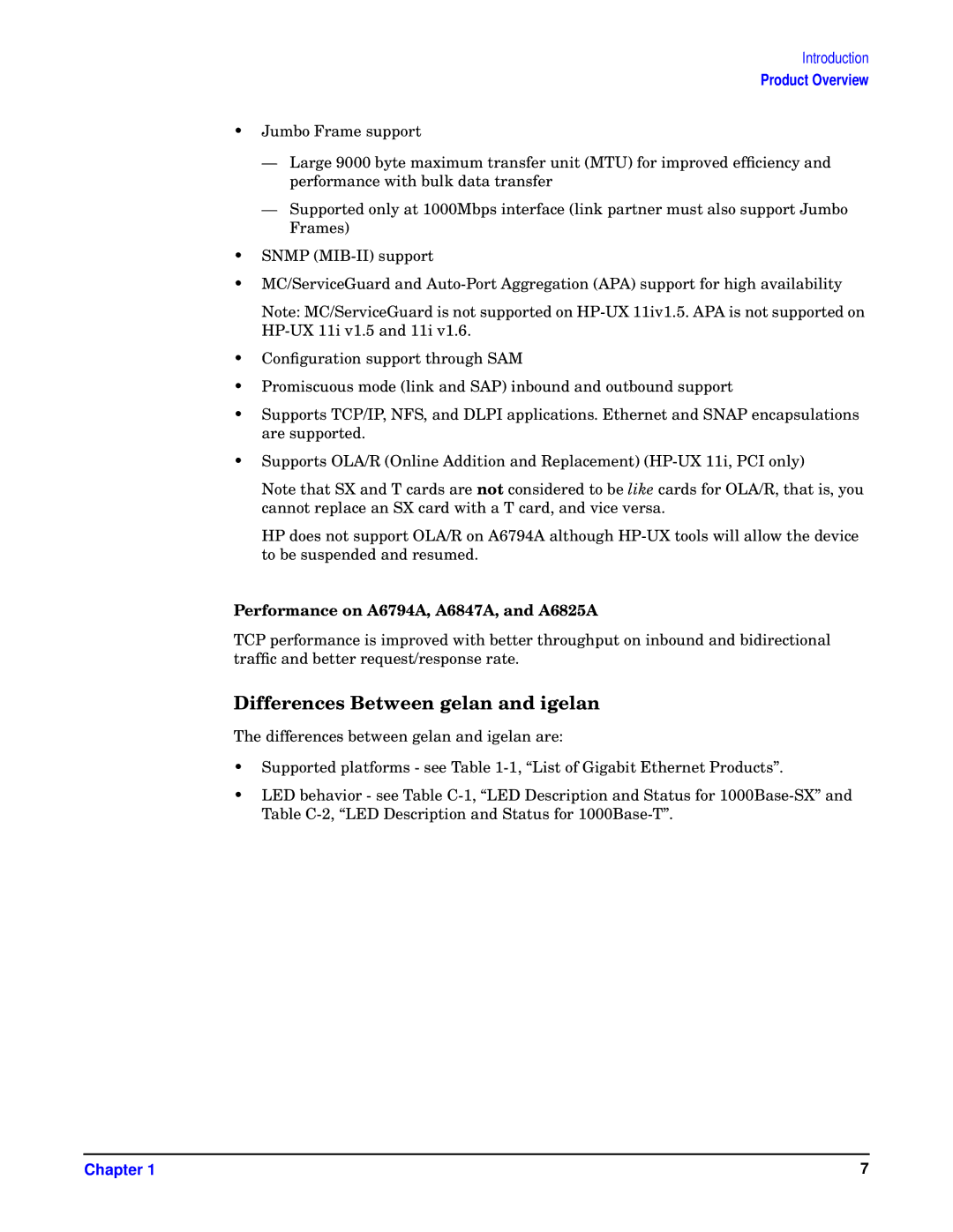 HP HSC/I 1000Base-SX, I 1000Base-T manual Differences Between gelan and igelan, Performance on A6794A, A6847A, and A6825A 