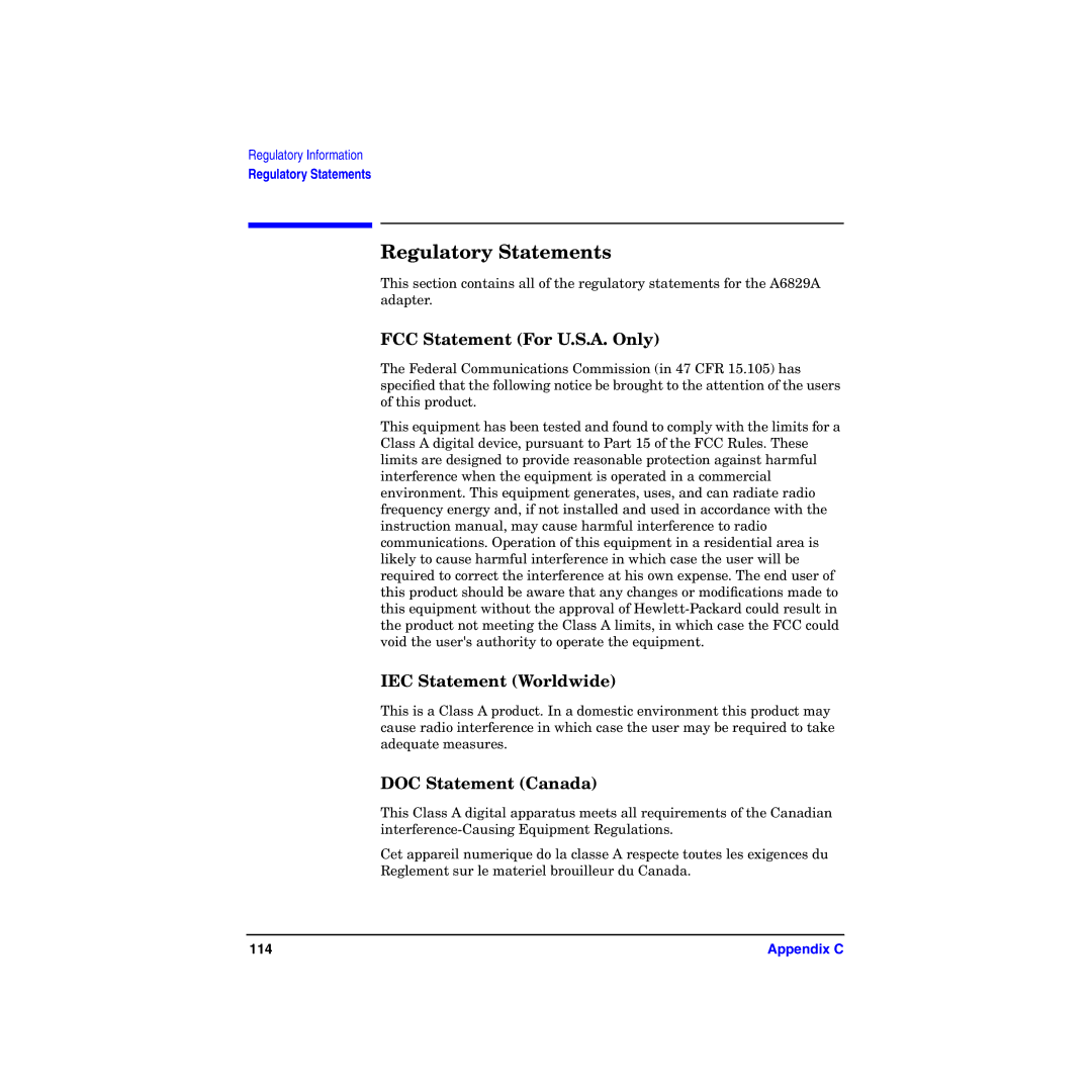 HP I Dual Channel Ultra160 SCSI Host Adapter A6829A manual Regulatory Statements, FCC Statement For U.S.A. Only 