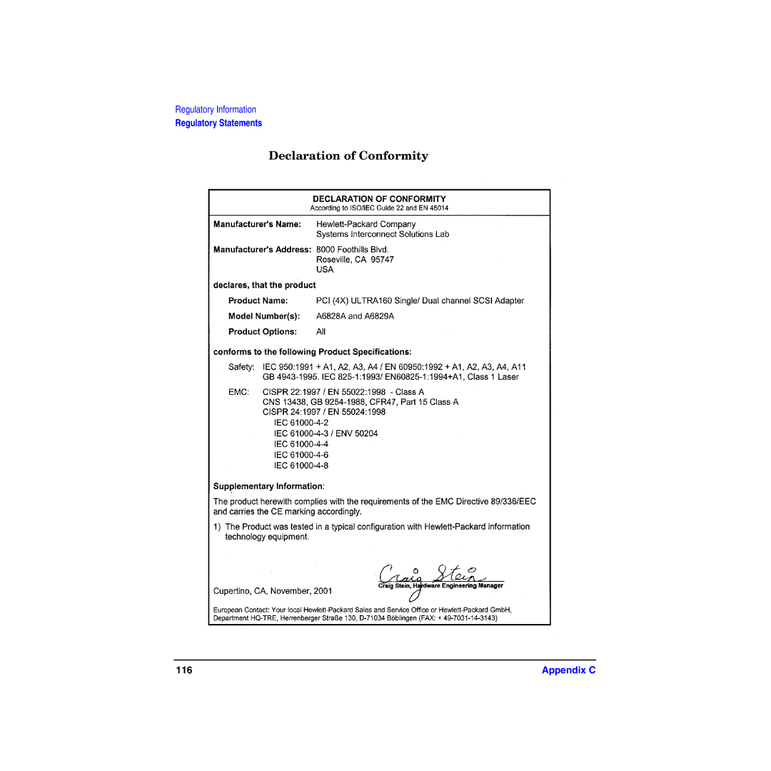 HP I Dual Channel Ultra160 SCSI Host Adapter A6829A manual Declaration of Conformity 