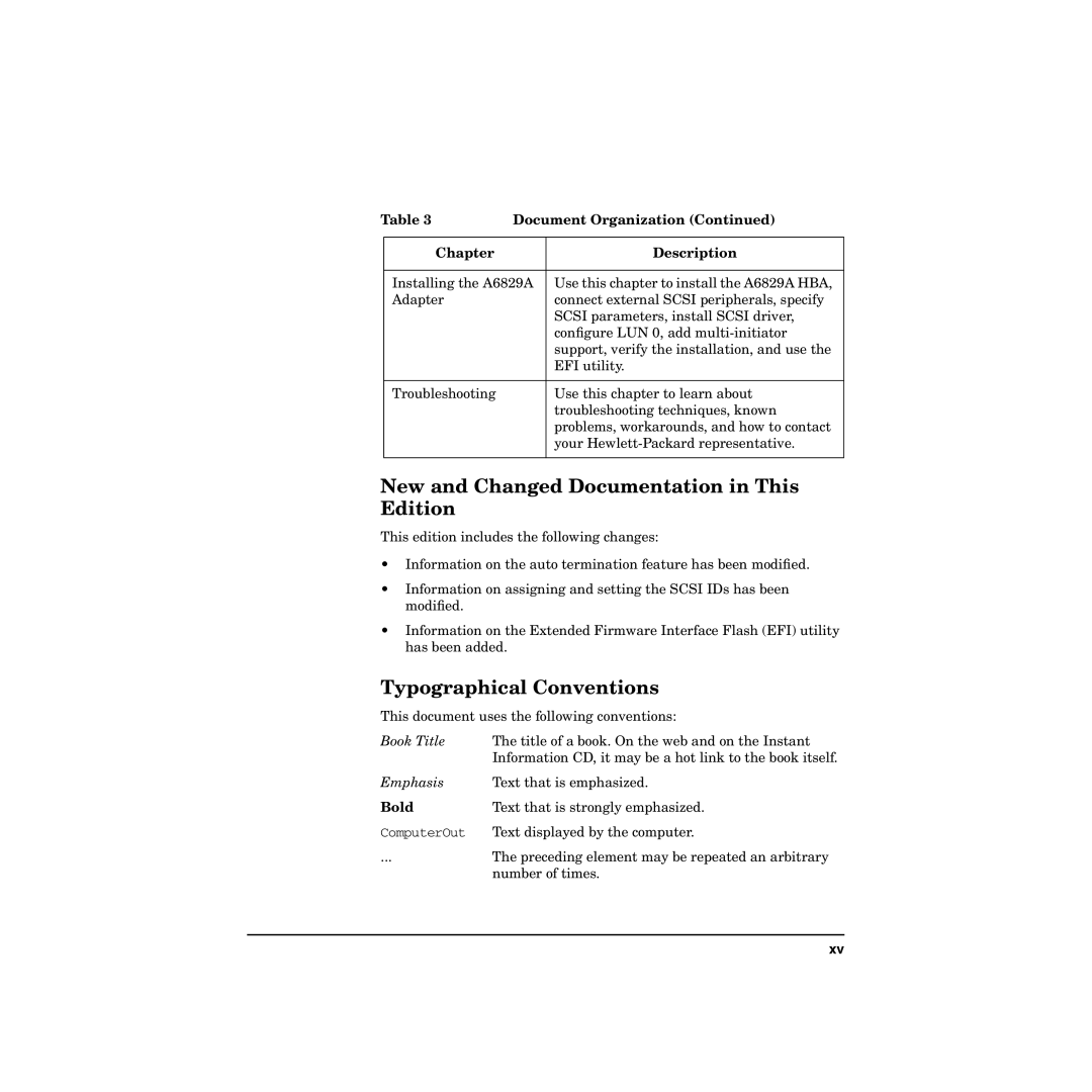 HP I Dual Channel Ultra160 SCSI Host Adapter A6829A New and Changed Documentation in This Edition, Chapter Description 