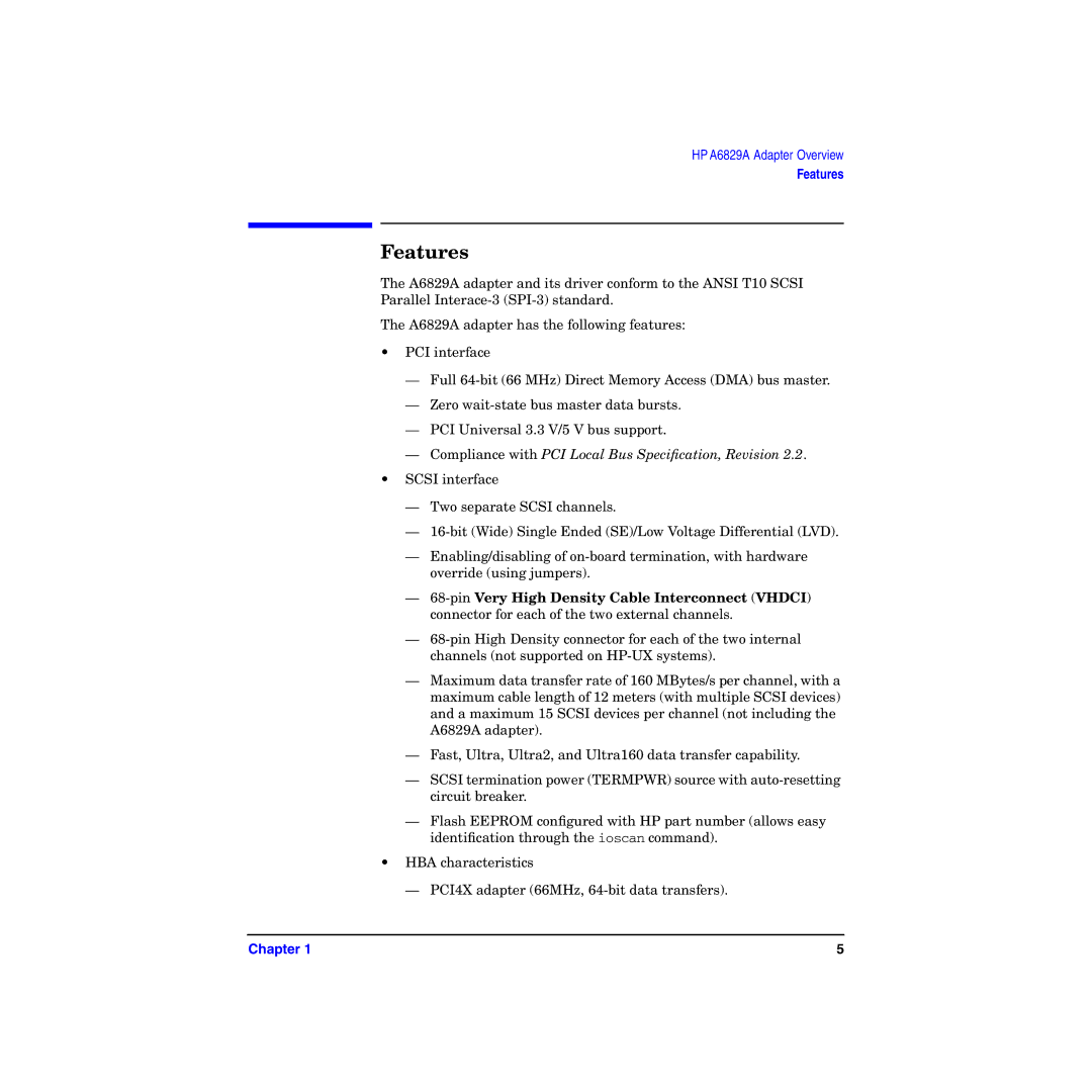 HP I Dual Channel Ultra160 SCSI Host Adapter A6829A manual Features, Compliance with PCI Local Bus Speciﬁcation, Revision 