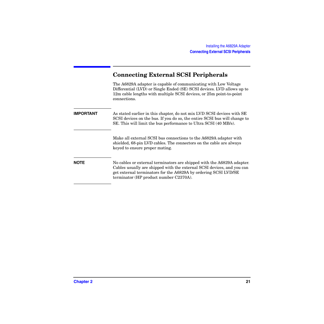 HP I Dual Channel Ultra160 SCSI Host Adapter A6829A manual Connecting External Scsi Peripherals 