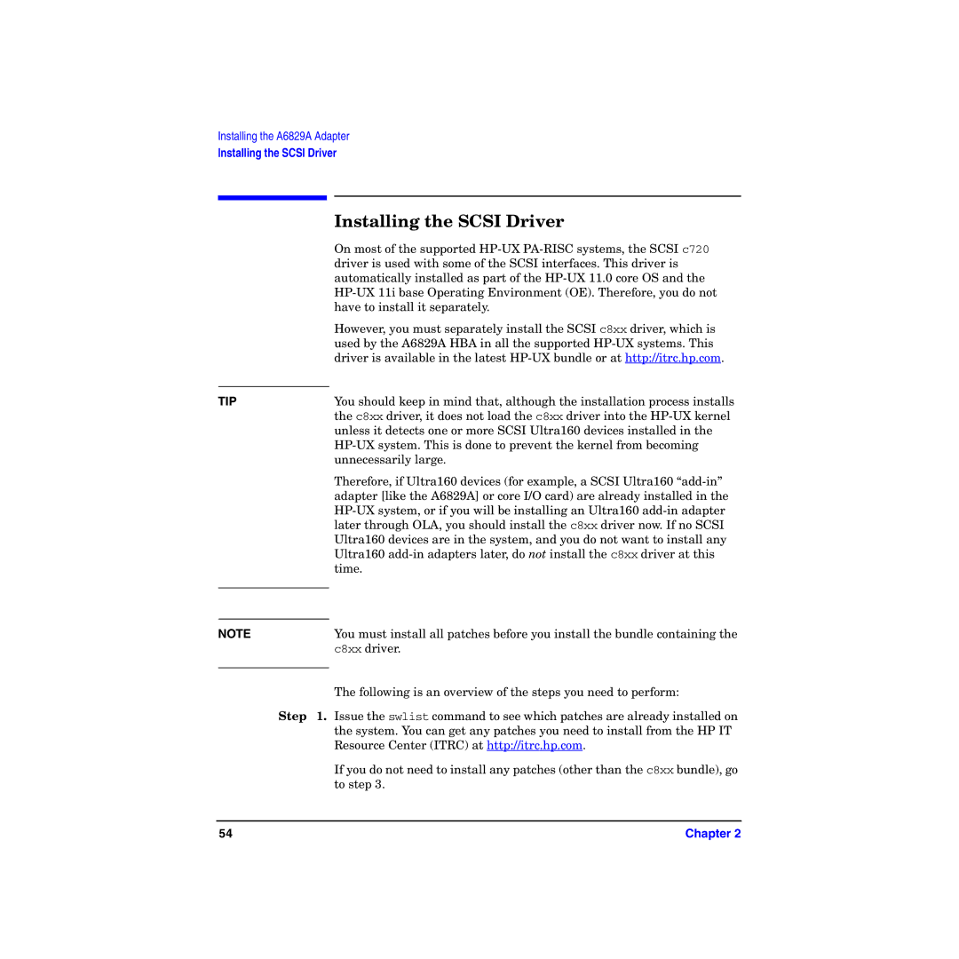 HP I Dual Channel Ultra160 SCSI Host Adapter A6829A manual Installing the Scsi Driver 