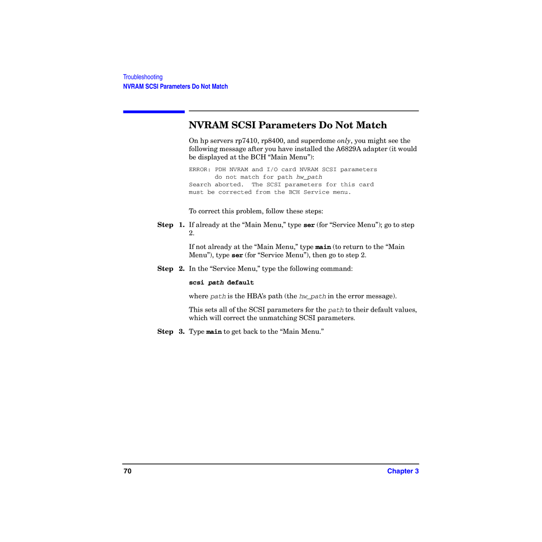 HP I Dual Channel Ultra160 SCSI Host Adapter A6829A Nvram Scsi Parameters Do Not Match, Be displayed at the BCH Main Menu 