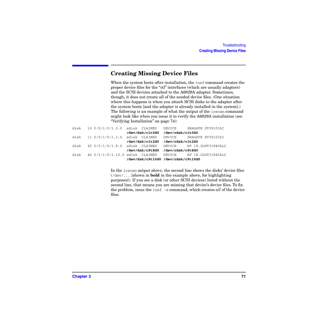 HP I Dual Channel Ultra160 SCSI Host Adapter A6829A manual Creating Missing Device Files 