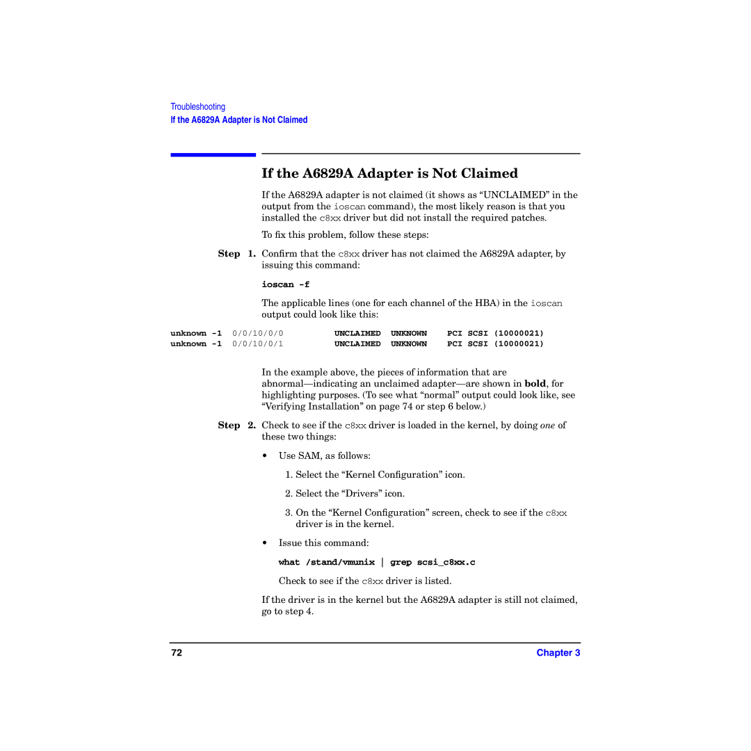 HP I Dual Channel Ultra160 SCSI Host Adapter A6829A manual If the A6829A Adapter is Not Claimed, Ioscan -f 