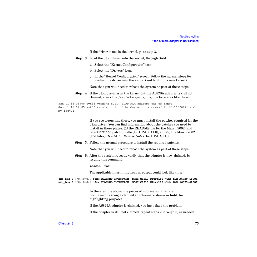 HP I Dual Channel Ultra160 SCSI Host Adapter A6829A manual Applicable lines in the ioscan output could look like this 