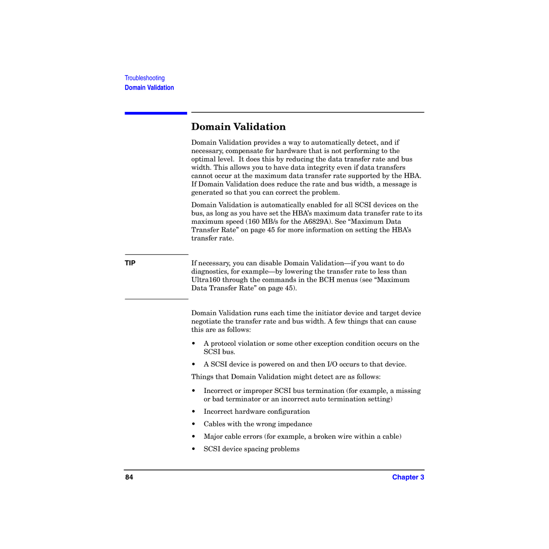 HP I Dual Channel Ultra160 SCSI Host Adapter A6829A manual Domain Validation 