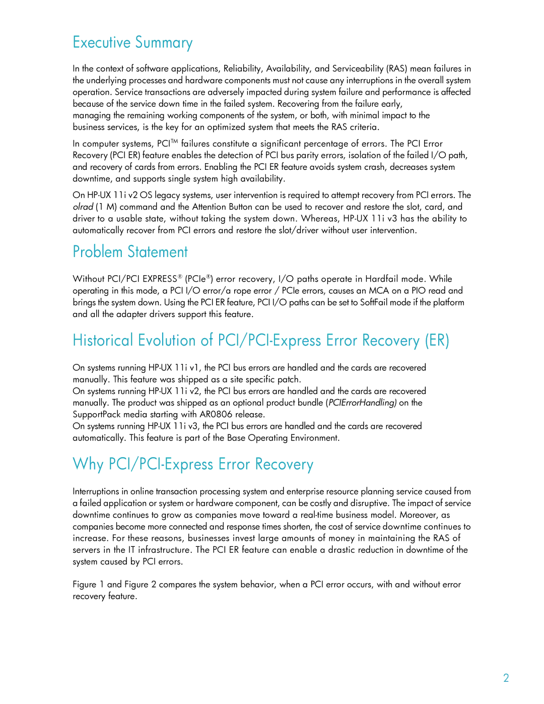 HP I Error Handling and Recovery manual Executive Summary, Problem Statement, Why PCI/PCI-Express Error Recovery 