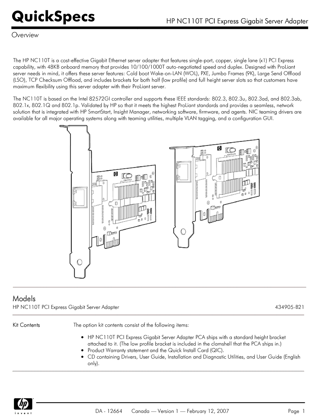 HP I Express Gigabit Server Adapter NC110T manual Models, Overview, Kit Contents 